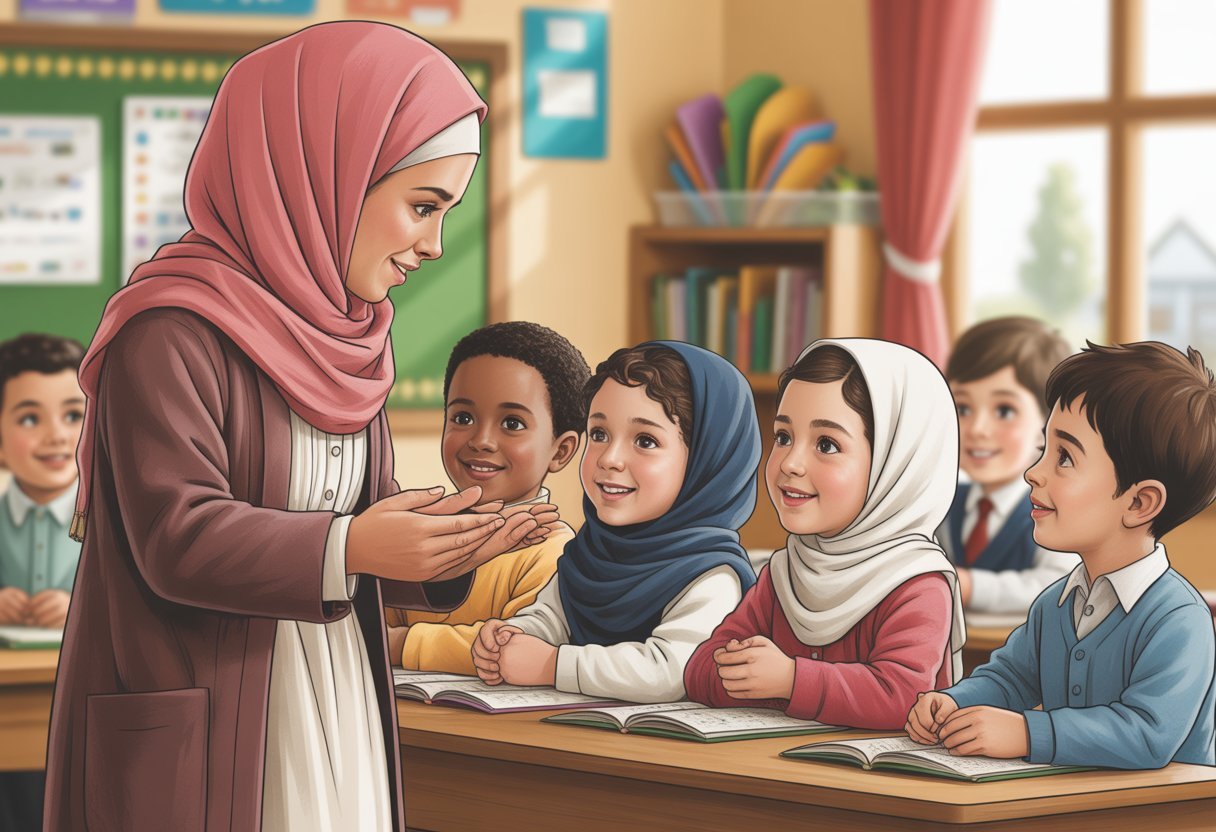 A female teacher in a hijab teaches children in Islamic clothing in a bright classroom at the UK Quran Academy.