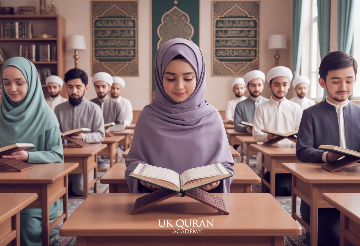 A peaceful Islamic classroom with men and women in modest traditional clothing and hijabs, sitting at wooden desks surrounded by Arabic calligraphy and Quranic decorations, focused on learning.