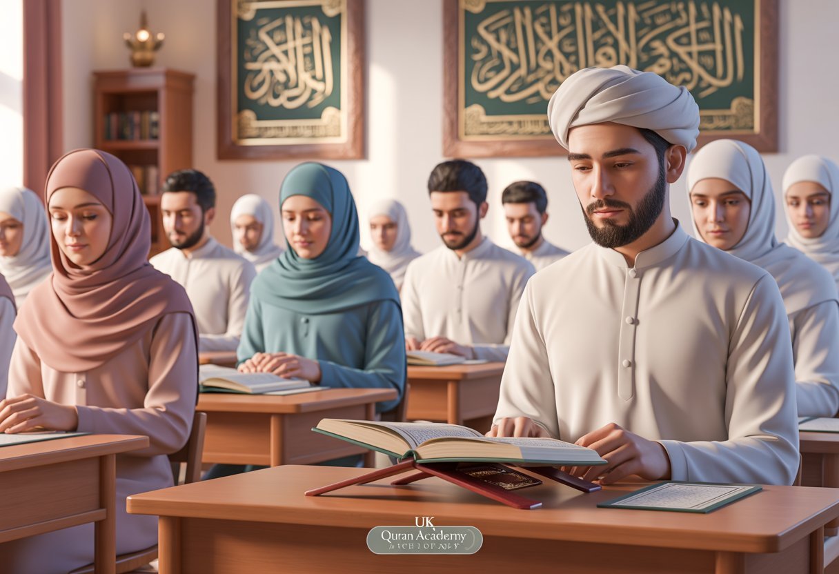 A peaceful Islamic classroom where men and women in traditional modest clothing are learning Tajweed rules, with wooden desks, Arabic calligraphy on the walls, and an open Quran on a stand.