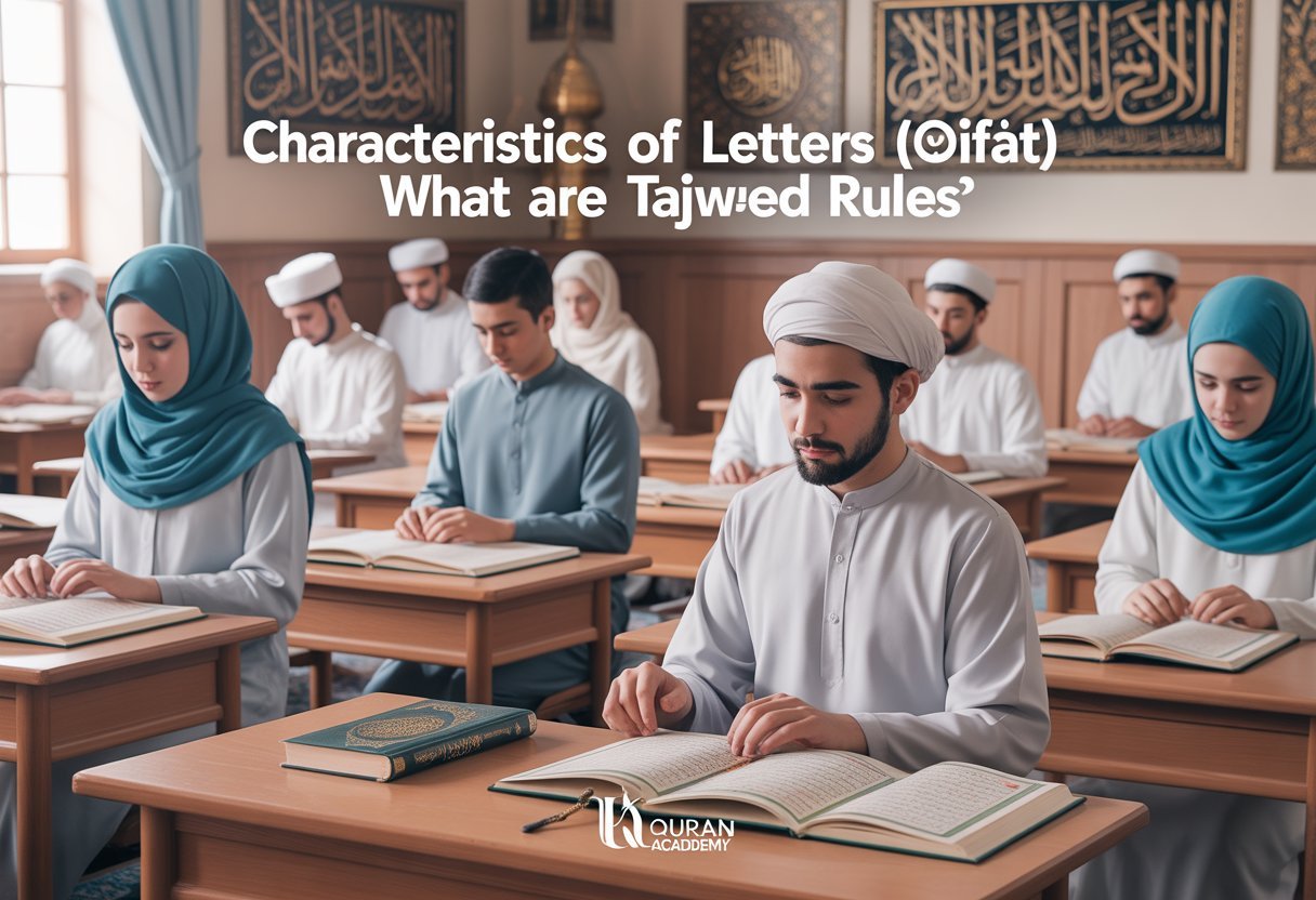 A classroom with men and women in modest Islamic clothing learning about Tajweed rules, surrounded by wooden desks, Arabic calligraphy, and Quranic decorations.