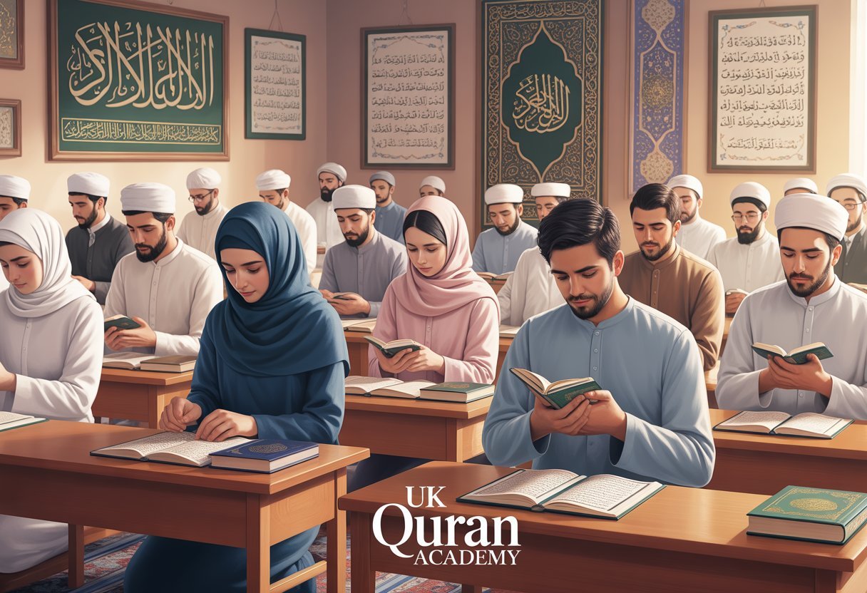 A peaceful Islamic classroom where men and women in modest traditional clothing are studying Quranic recitation rules, surrounded by wooden desks and Islamic calligraphy decorations.
