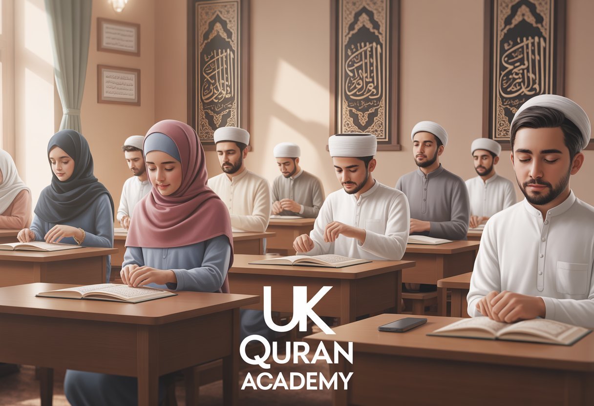 A classroom with men and women in modest Islamic clothing studying Quranic Tajweed rules, surrounded by wooden desks and Islamic calligraphy decorations.