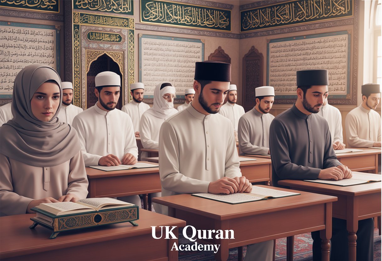A classroom where male and female students in modest Islamic clothing are seated at wooden desks, learning Tajweed rules with Quranic calligraphy and Islamic decorations on the walls.