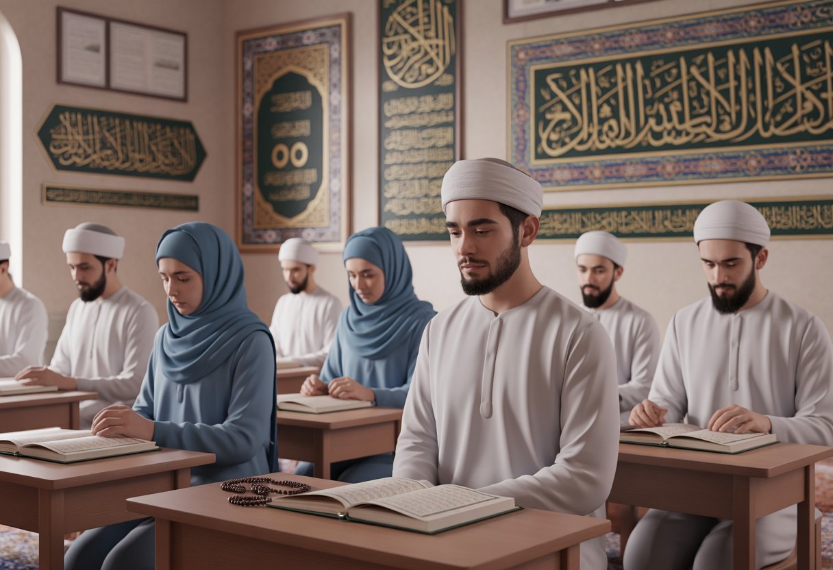 A peaceful classroom with men and women in traditional Islamic clothing studying the Quran, surrounded by wooden desks and Islamic calligraphy on the walls.