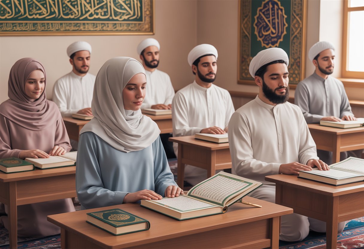 A calm classroom with men and women in traditional Islamic clothing studying the Quran together, surrounded by wooden desks and Islamic calligraphy on the walls.