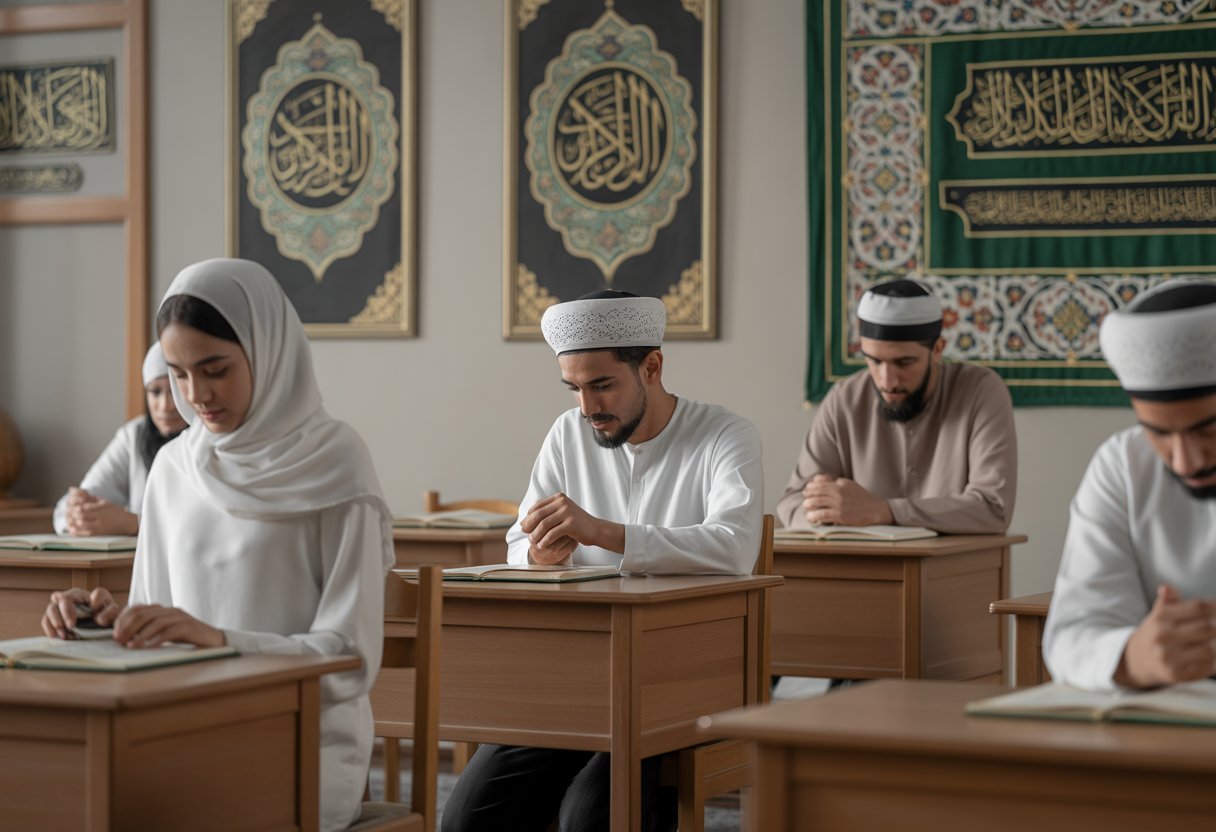 A serene classroom with men and women in traditional Islamic clothing studying the Quran, surrounded by wooden desks and Islamic calligraphy on the walls.