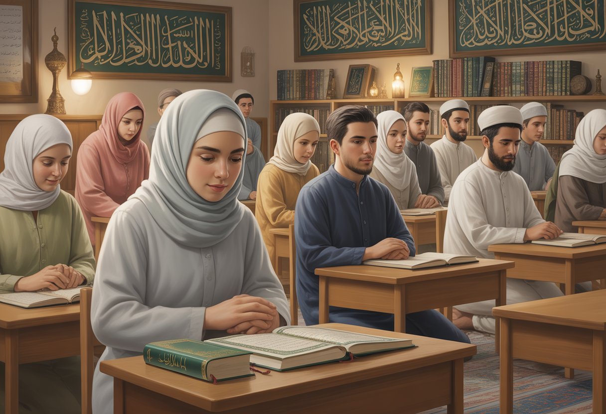 A group of men and women in modest Islamic clothing studying the Quran together in a classroom decorated with Quranic calligraphy and wooden desks.
