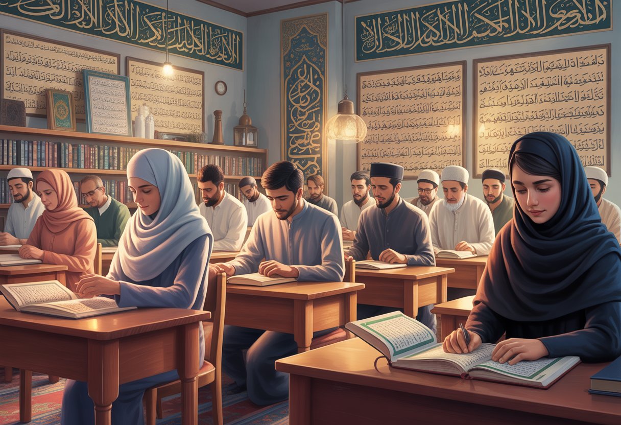 A peaceful Islamic classroom where students in modest clothing and hijabs study the Quran at wooden desks surrounded by Islamic calligraphy and decor.