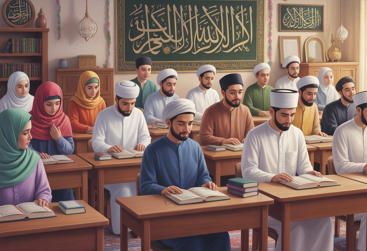 A group of men and women in modest traditional clothing study the Quran together in a calm classroom decorated with Islamic calligraphy and warm wooden desks.