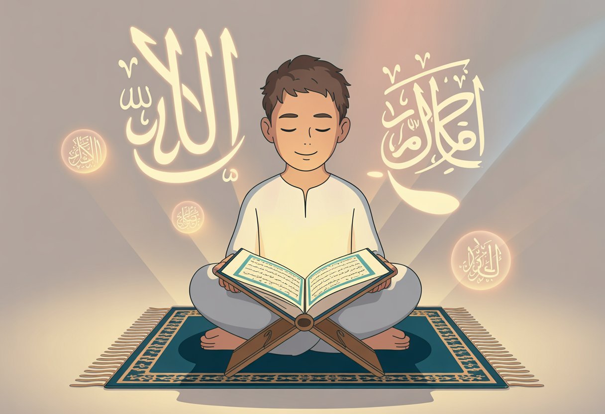 A person sitting on a prayer rug holding an open Quran with glowing light around, surrounded by abstract symbols representing knowledge and spirituality.