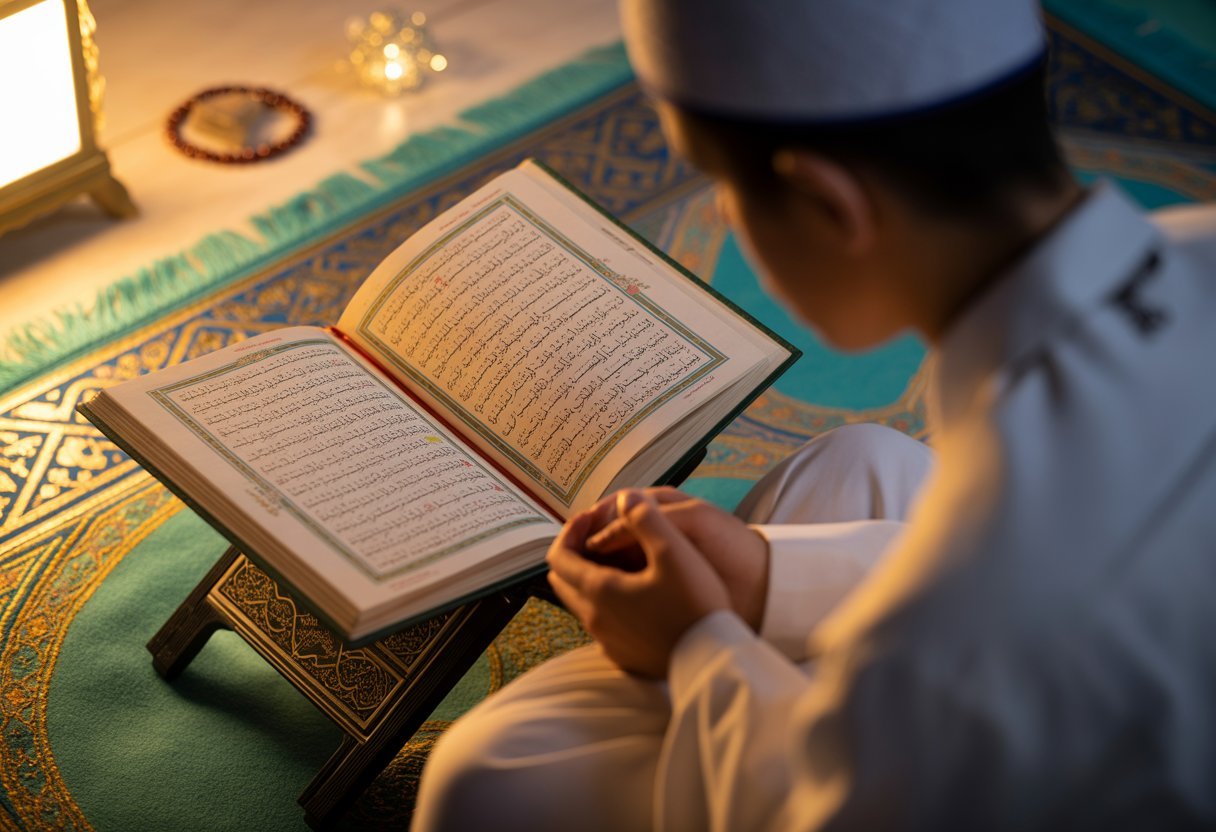 A young person sitting on a prayer rug, memorizing the Quran surrounded by open manuscripts and Islamic symbols like a lantern and prayer beads.