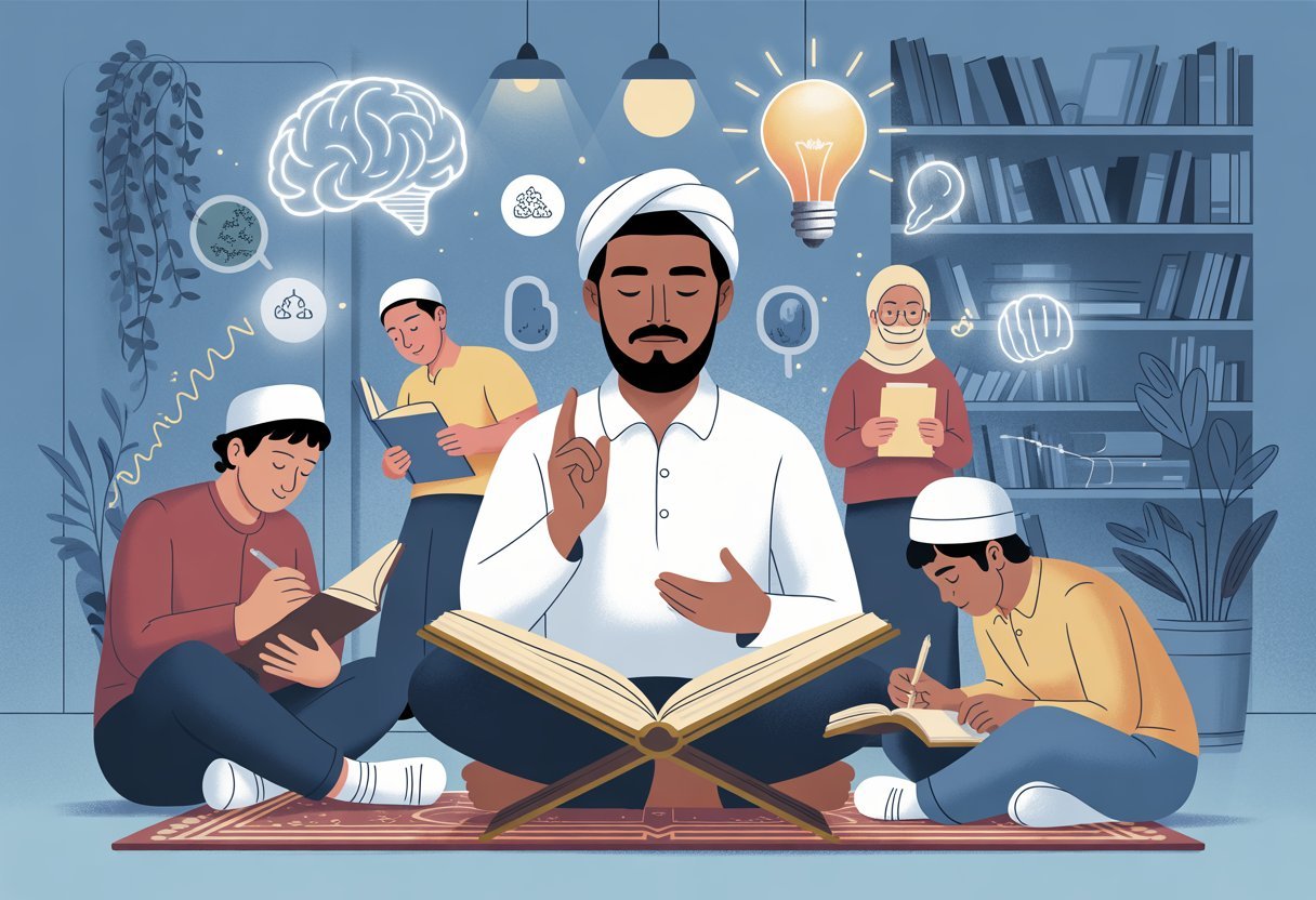 People of different ages studying and memorizing the Quran in a peaceful room with symbols representing mental focus and growth.
