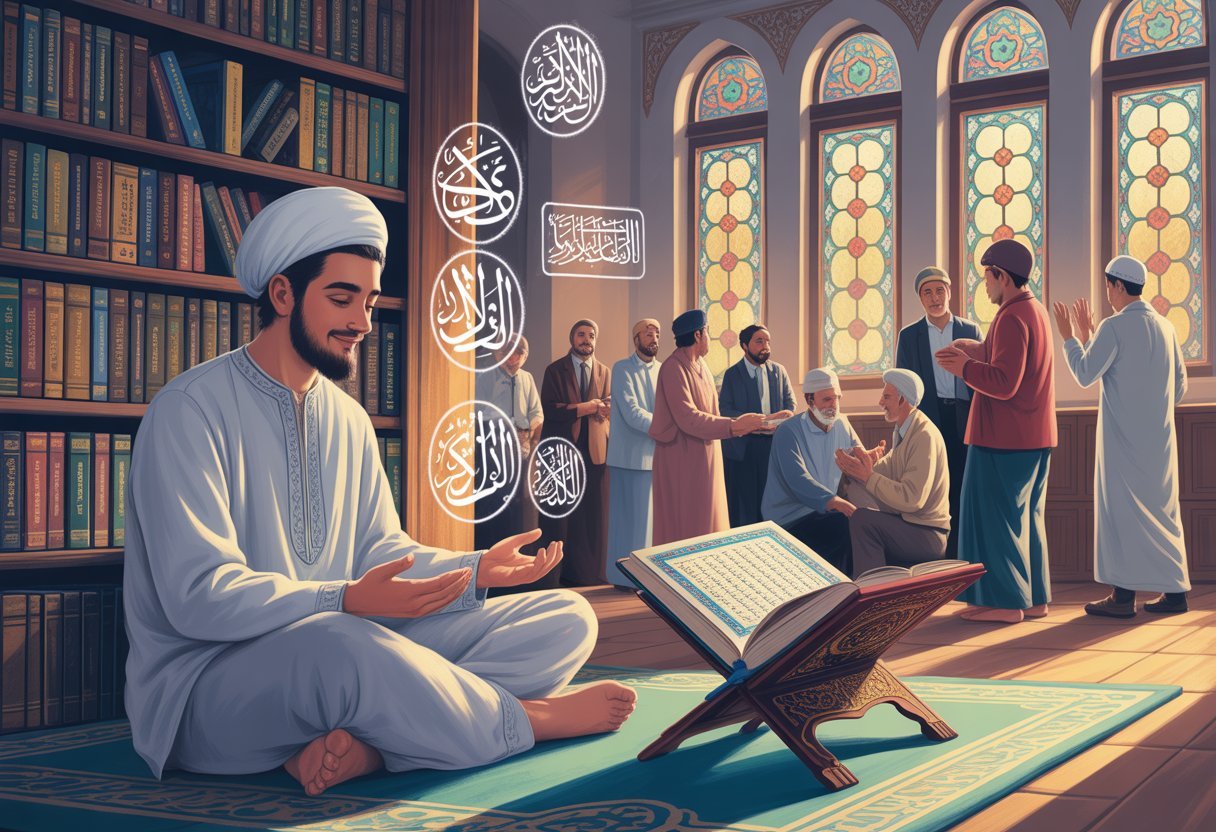 A young man in traditional clothing studying the Quran in a peaceful room, with a diverse community gathering and engaging in supportive activities in a mosque courtyard behind him.