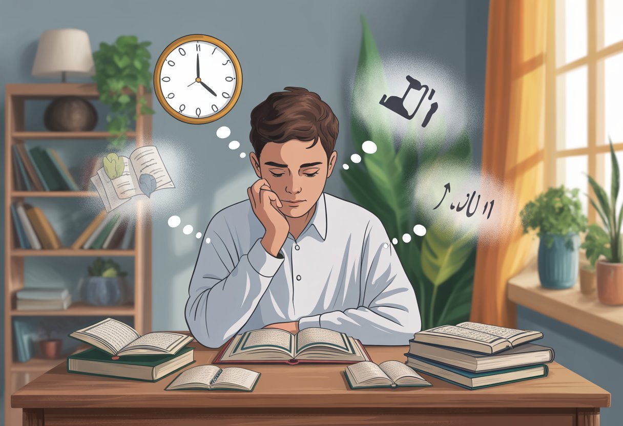 A young person studying the Quran at a desk with books and notes, surrounded by symbols of challenges like a clock and distractions, in a calm study room with natural light.