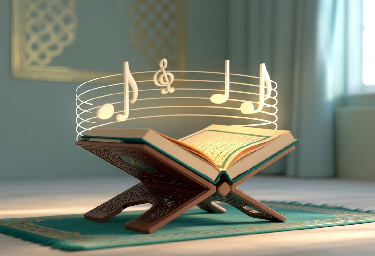 An open Quran on a wooden stand with glowing Arabic script, surrounded by floating phonetic symbols and musical notes in a peaceful study room.