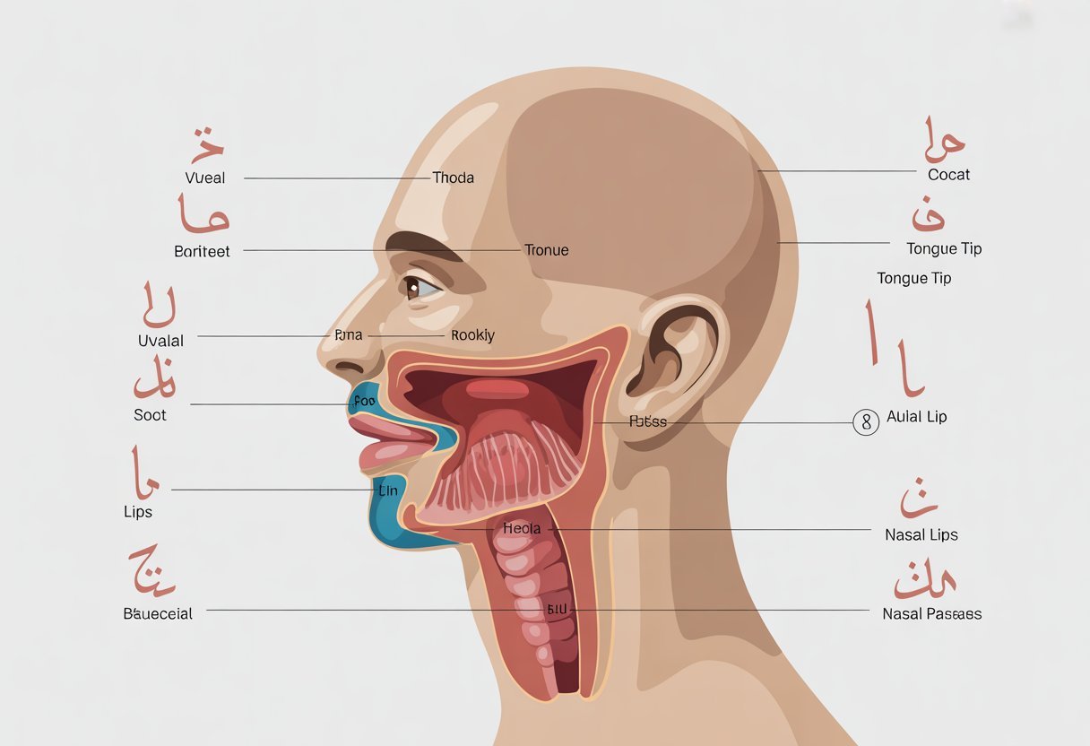 Side profile of a human head showing mouth, throat, tongue, and lips with highlighted areas indicating where different Arabic letter sounds are pronounced.