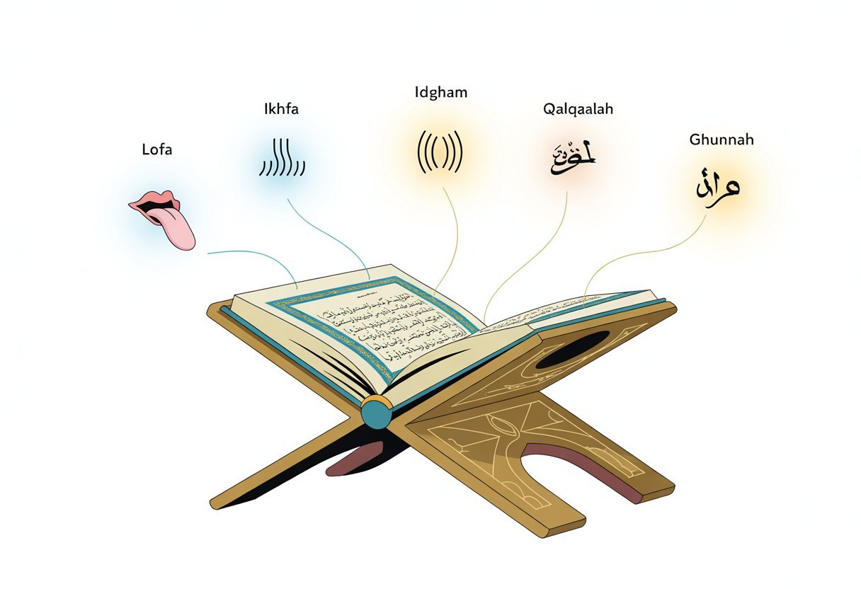 An open Quran on a wooden stand with glowing Arabic letters and icons representing pronunciation points and sound waves around it.