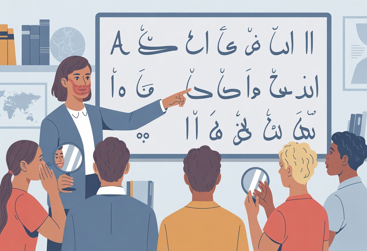 A teacher instructs adult students on pronouncing Arabic letters using mouth position diagrams in a classroom setting.