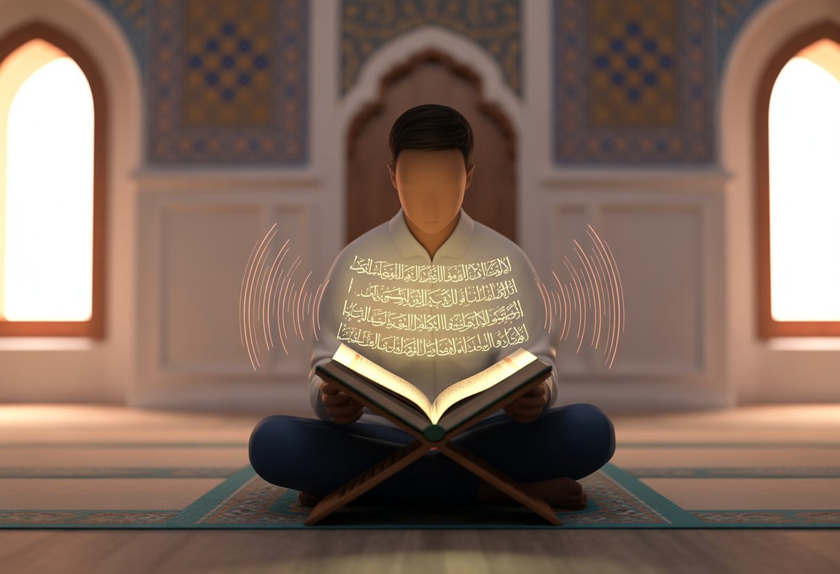 A person sitting on a prayer rug inside a room with Islamic decor, holding an open Quran with glowing script and gentle sound waves around it, symbolizing Quran recitation and pronunciation guidance.