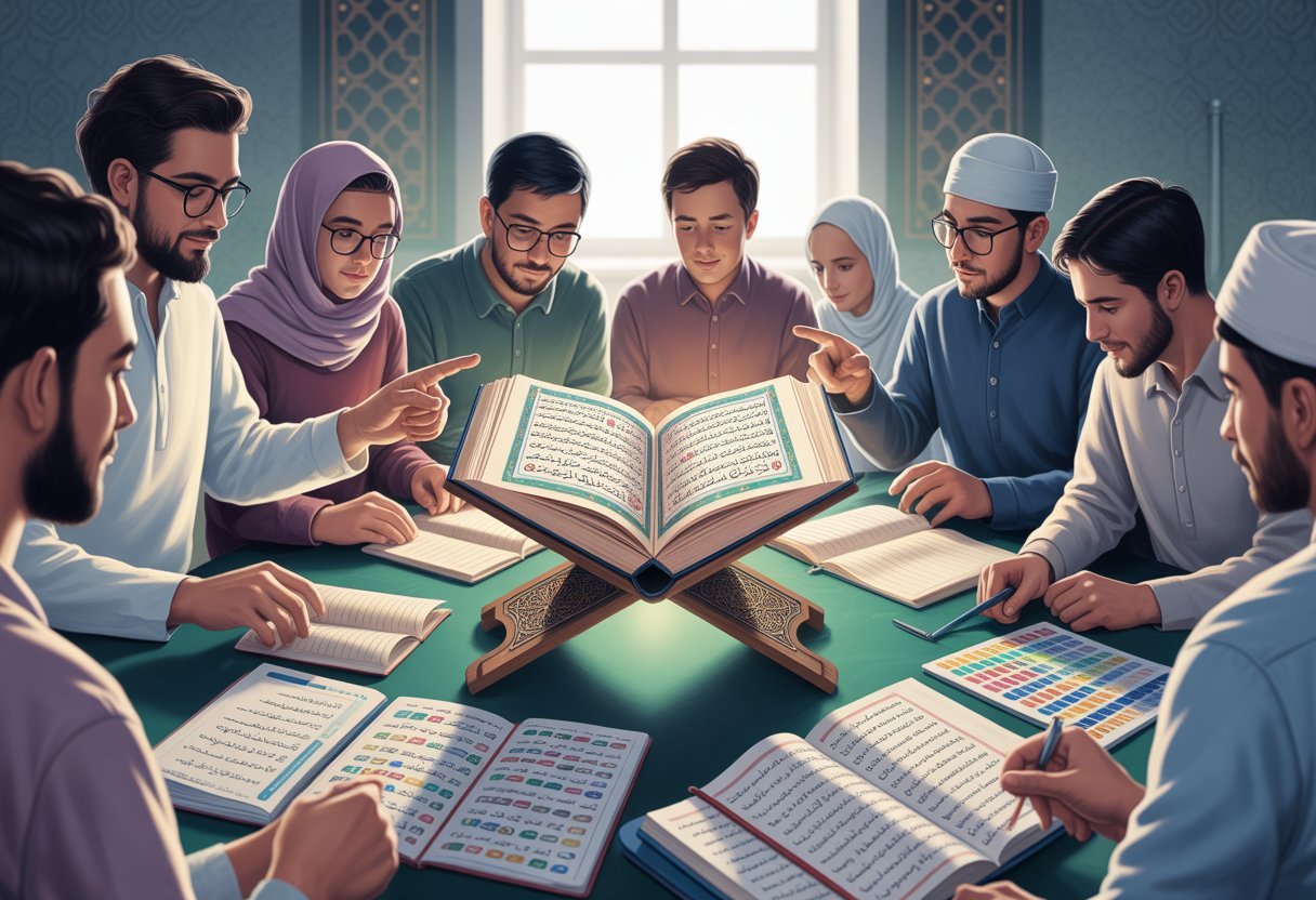 A group of people studying Quranic pronunciation together with an open Quran and educational materials in a peaceful room.