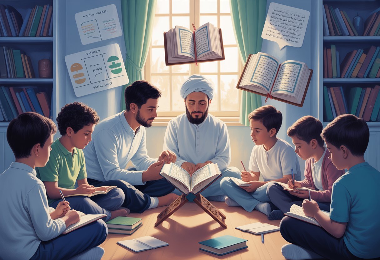 A teacher guides students in a calm study room as they learn and memorize the Quran together using books and notes.