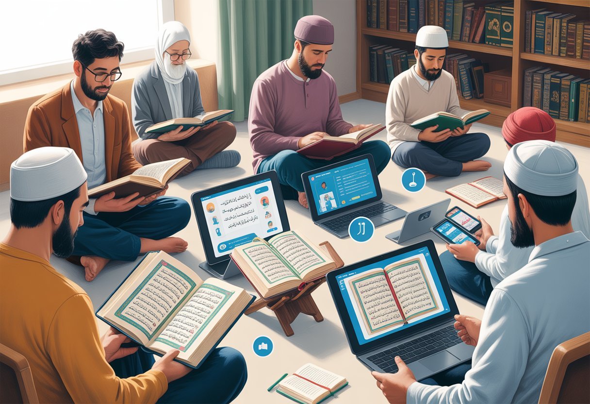 A group of people studying the Quran together using both traditional books and digital devices in a bright, comfortable room.