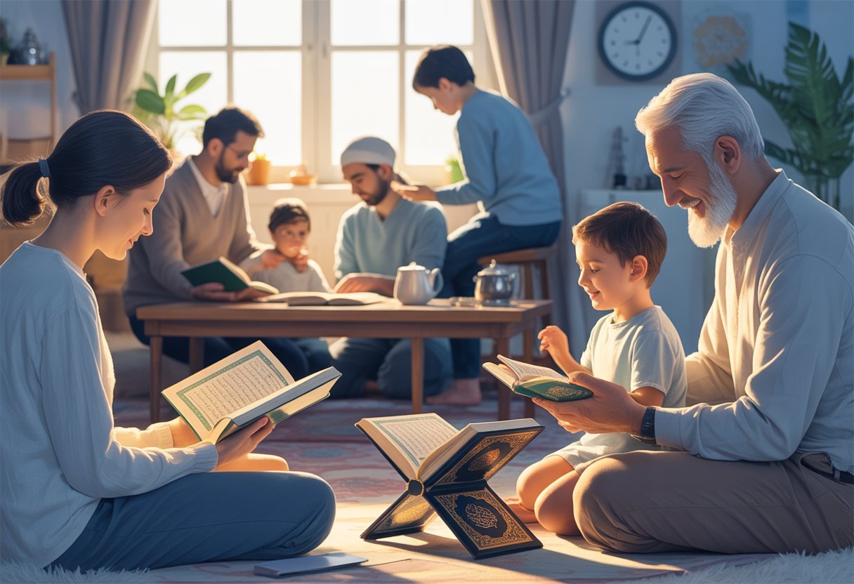 People of different ages learning and discussing the Quran together in a warm home setting with natural light.